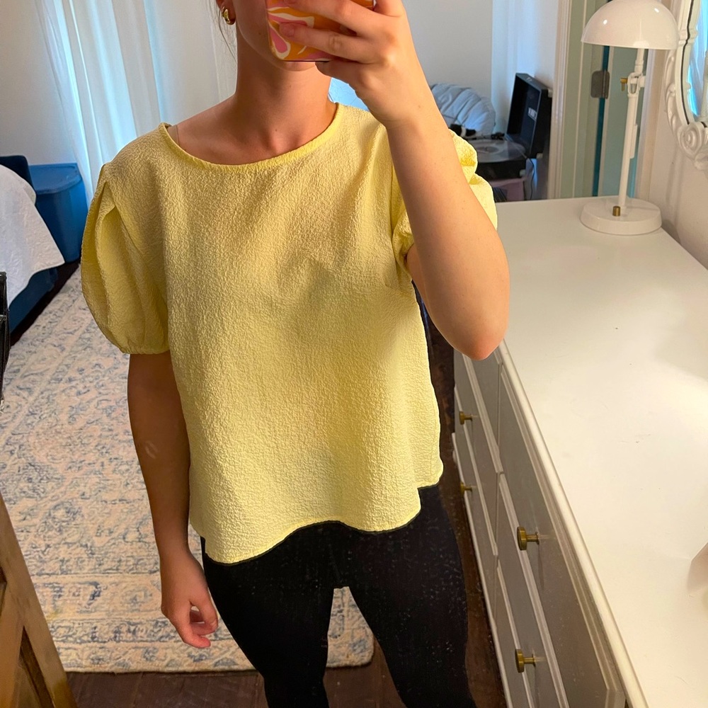 She + Sky light yellow puff sleeve blouse